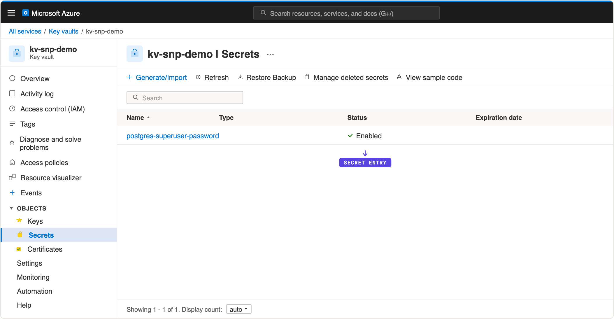 Azure Portal: the Key Vault showing the stored postgres-superuser-password secret.