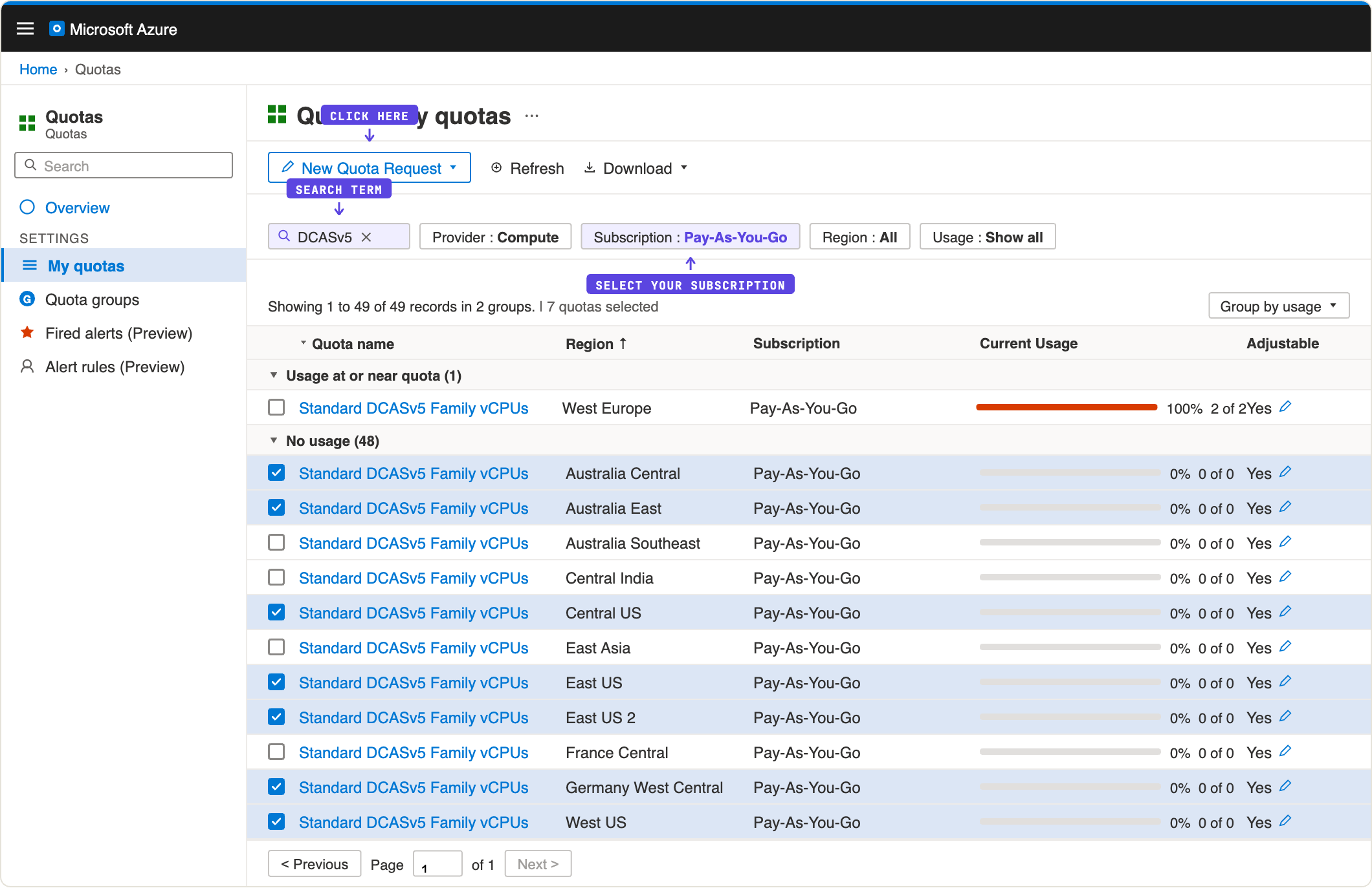 Azure Portal, My quotas page: filtered to Standard DCASv5 Family vCPUs, Pay-As-You-Go subscription, with several regions selected for a new quota request.