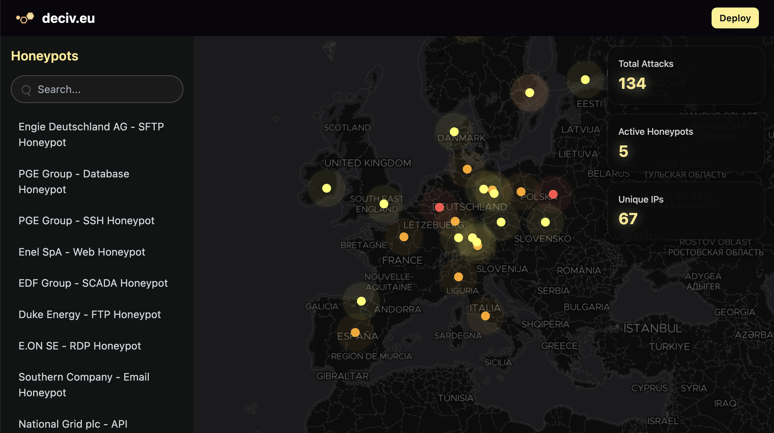 decive.eu live dashboard with world map