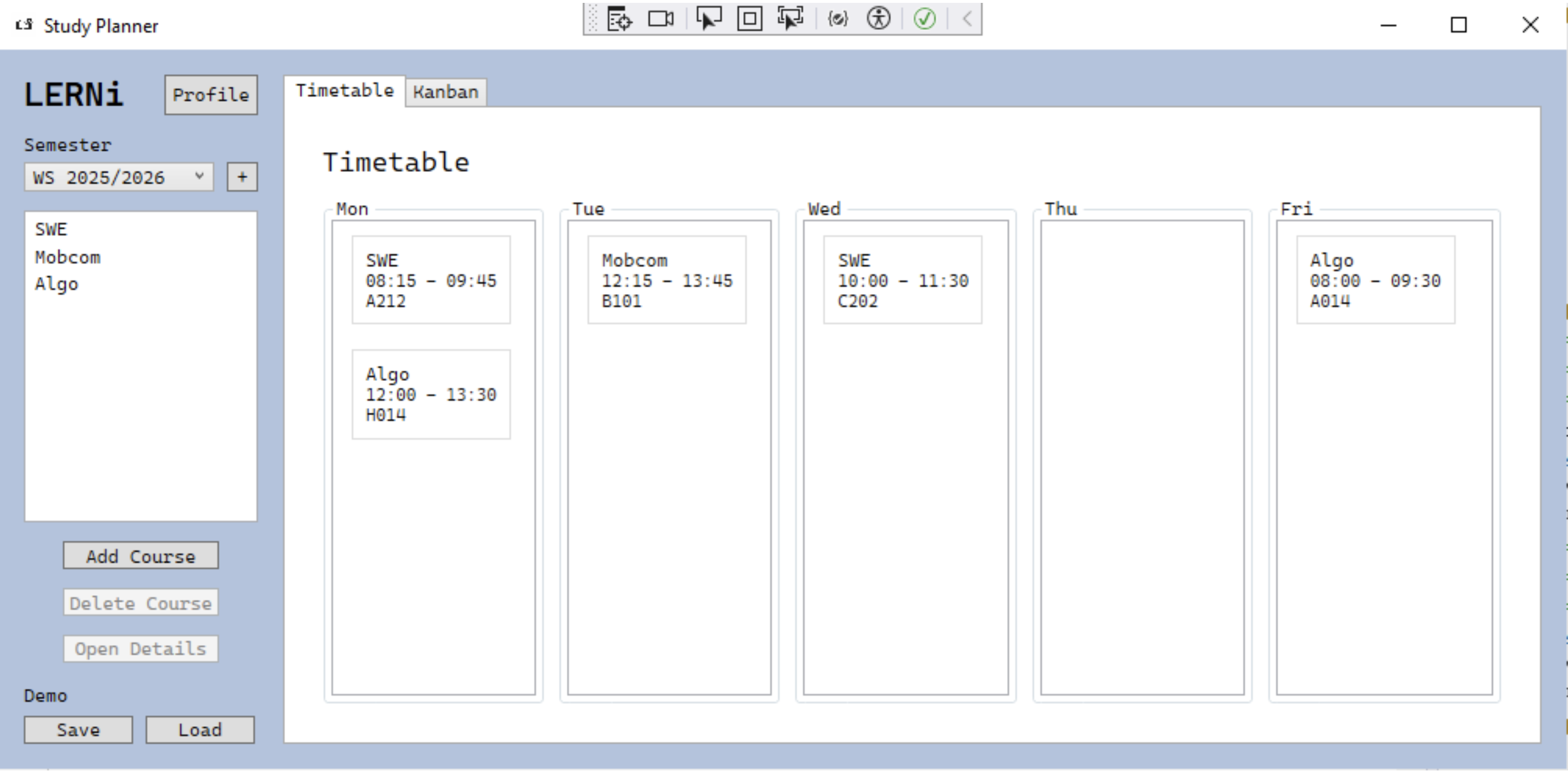 LERNi timetable view