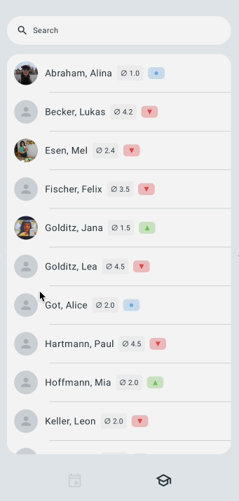 Student Swiper overview screen with searchable student list